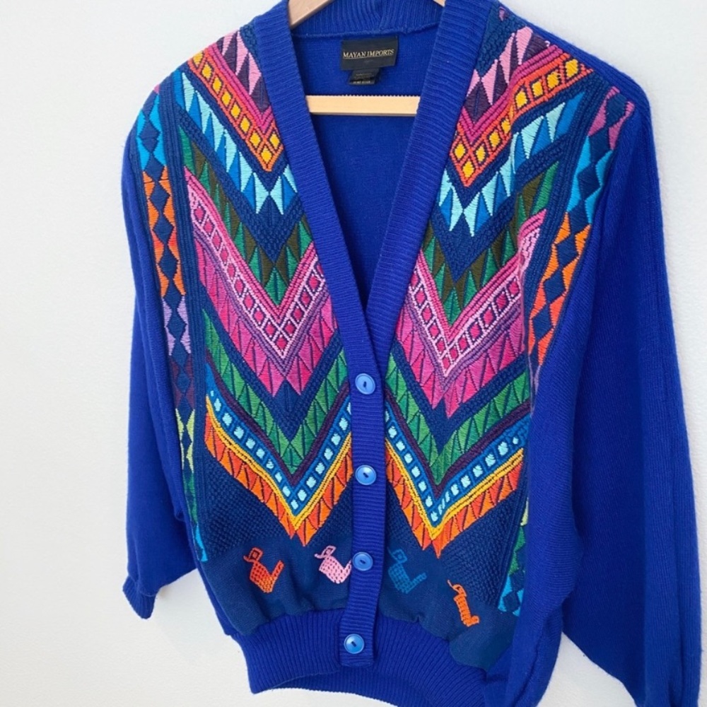 Guatemalan Embroidered Huipil Blue Rainbow Sweater